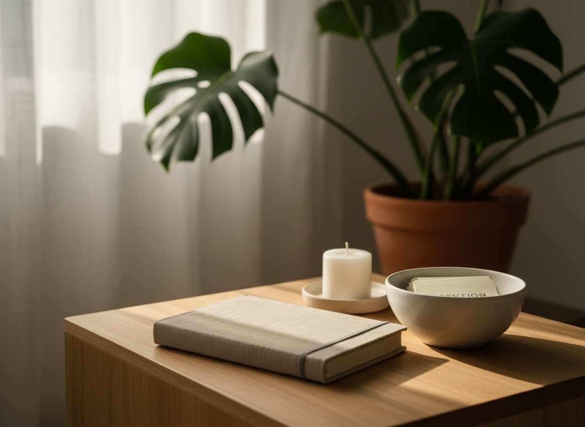 A tranquil corner of a living space dedicated to reflection: a low, natural wood side table holds a closed, linen-covered journal with a slim elastic band, a smooth ceramic bowl filled with neatly folded intention cards, and a small, unscented white pillar candle, unlit but ready. A large leafy plant in a simple clay pot stands blurred in the background. Late afternoon light filters through sheer curtains, casting gentle, dappled patterns across the table and emphasizing the textures of linen, clay, and wood. Photographic realism with an eye-level, slightly off-center composition using the rule of thirds. The atmosphere is contemplative, safe, and nurturing, symbolizing the quiet spaces where life coaching insights are integrated.