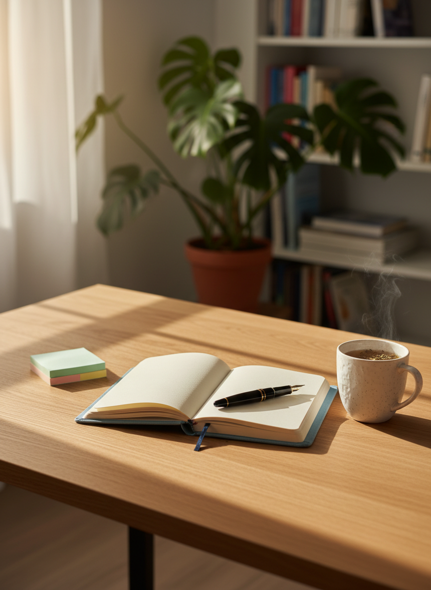 A neatly arranged wooden desk in a quiet home office, featuring an open linen-textured journal with a fountain pen resting diagonally across a blank page, symbolizing new goals and possibilities. A small stack of pastel sticky notes and a ceramic mug of herbal tea sit nearby, all on a light oak surface. Soft morning sunlight filters through an unseen window, creating gentle, elongated shadows and a warm, inviting glow. The background fades into a softly blurred bookshelf and a leafy green plant, suggesting growth and balance. Photographic realism, eye-level composition with a shallow depth of field, clean and modern aesthetic, conveying calm focus and the beginning of a transformative life-coaching journey.