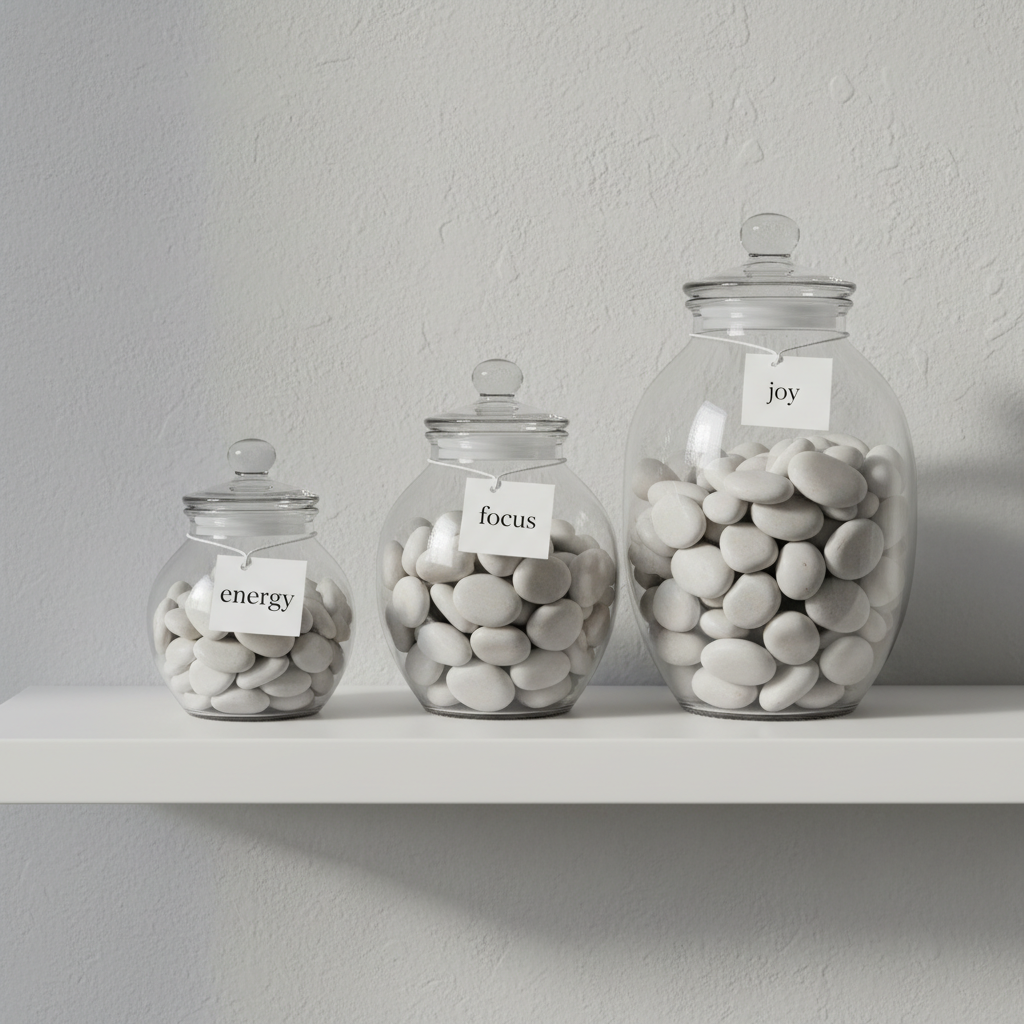 A series of three transparent glass jars in ascending size order, partially filled with smooth, pale stones labeled with small, clean white tags reading “energy”, “focus”, and “joy”. They sit on a matte white shelf against a softly textured light gray wall. Natural daylight from the right creates gentle reflections on the glass and subtle shadows behind each jar, emphasizing their progression. Photographic realism with a straight-on, eye-level composition and sharp focus throughout for a clean, professional look. The mood is calm and methodical, suggesting how small, consistent actions in life coaching gradually fill different areas of life, supporting a sense of wholeness and balance.