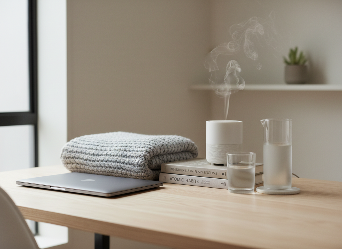 A balanced workspace and self-care corner combined in one frame: a sleek laptop closed on a light birch desk, beside a neatly folded, light gray knitted blanket, a small stack of self-development books, and a frosted glass water carafe with a matching tumbler half-filled. A simple white ceramic essential oil diffuser emits a thin stream of vapor, adding a sense of calm. Diffused overcast daylight enters from a large window out of frame, casting soft, even light with minimal shadows. Captured at eye level with the desk stretching into the background, slight depth of field keeping foreground elements crisp. Photographic realism, clean and modern, evoking holistic balance between productivity and rest that life coaching supports.