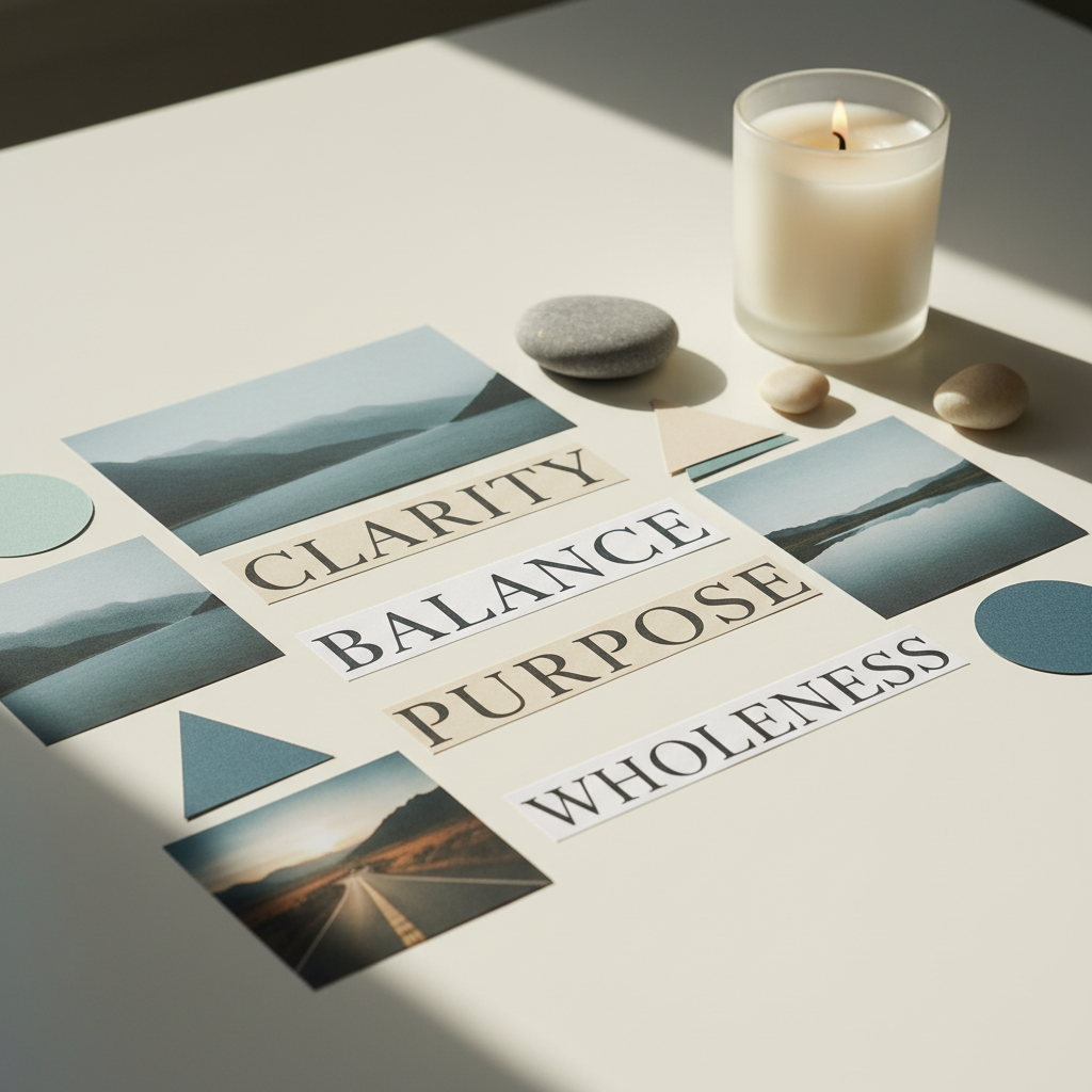 A vision board laid out on a clean white table, covered with neatly arranged printed words like “clarity”, “balance”, “purpose”, and “wholeness” alongside serene landscape photos and simple geometric shapes in muted blues and soft neutrals. Smooth river stones and a single lit soy candle in a frosted glass holder add tactile and warm elements. Natural afternoon light streams in from the side, creating soft highlights on the glossy paper and gentle shadows from the stones. Shot from a slightly elevated angle with sharp focus on the central words and a subtle vignette around the edges. Photographic realism with a minimalist, professional aesthetic that feels hopeful, organized, and aligned with intentional life planning.