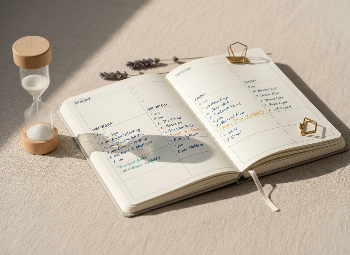 A neatly organized weekly planner open on a soft beige fabric surface, each day filled with legible, tidy handwriting of commitments and self-care blocks, with several tasks gently highlighted in pastel markers. A slim sand-colored hourglass with fine white sand stands beside it, mid-flow, symbolizing time management and intention. A small, minimalist brass paperclip and a sprig of dried lavender rest nearby. Soft, diffused morning light spills across the scene from an off-frame window, creating a calm, matte appearance with subtle shadows. Photographic realism, shot from a slightly elevated angle with a shallow depth of field, focusing on the center of the planner. The mood is organized, reassuring, and subtly motivating, ideal for illustrating stress management and attainable goal-setting.