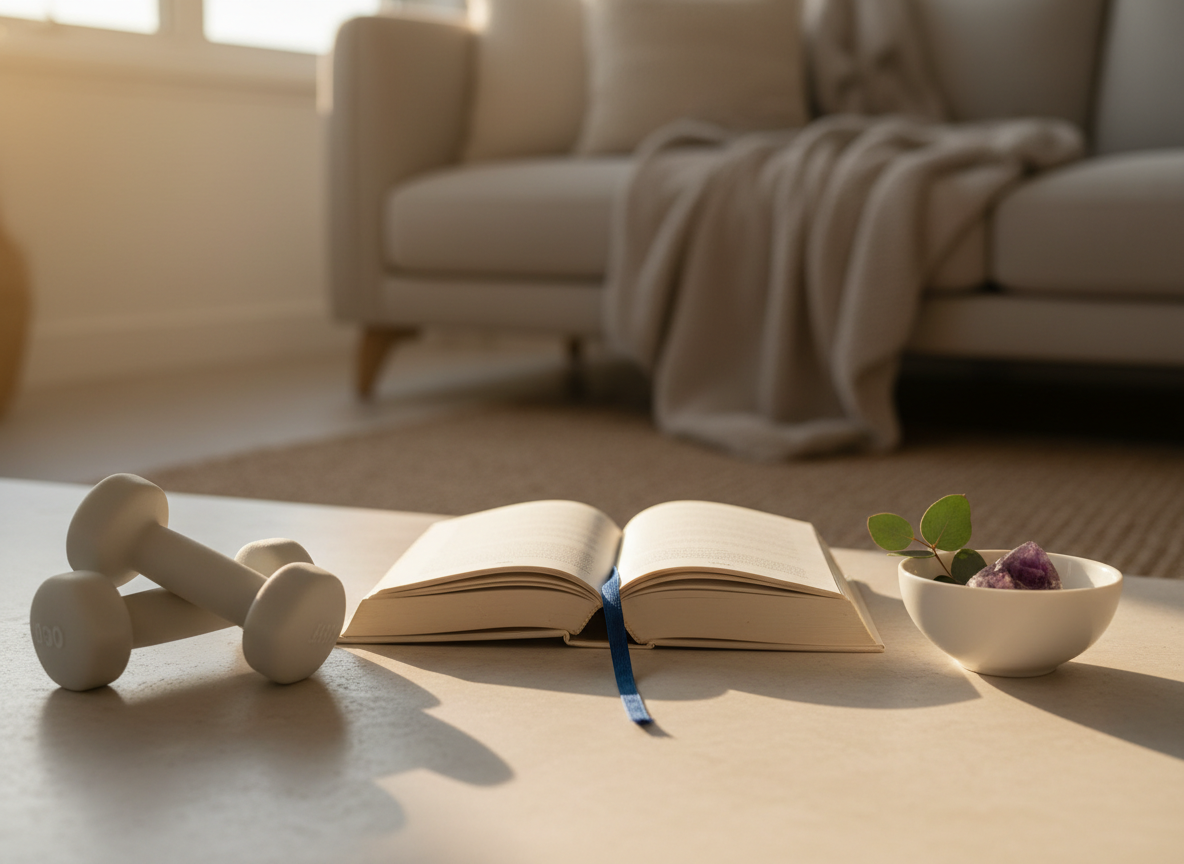 A serene triad of objects representing body, mind, and spirit arranged on a smooth, pale stone surface: a pair of light hand weights with a matte finish, an open hardcover book with a ribbon bookmark, and a minimalist white ceramic bowl holding a single polished crystal and a sprig of eucalyptus. Behind them, a blurred background suggests a calm living room with neutral-toned textiles. Warm golden hour light enters from the left, creating gentle, elongated shadows and subtle highlights on the crystal facets and book pages. Photographic realism, shot from a low, intimate angle in rule-of-thirds composition. The atmosphere is grounded, reflective, and professional, symbolizing integrated life coaching that nurtures the whole self.