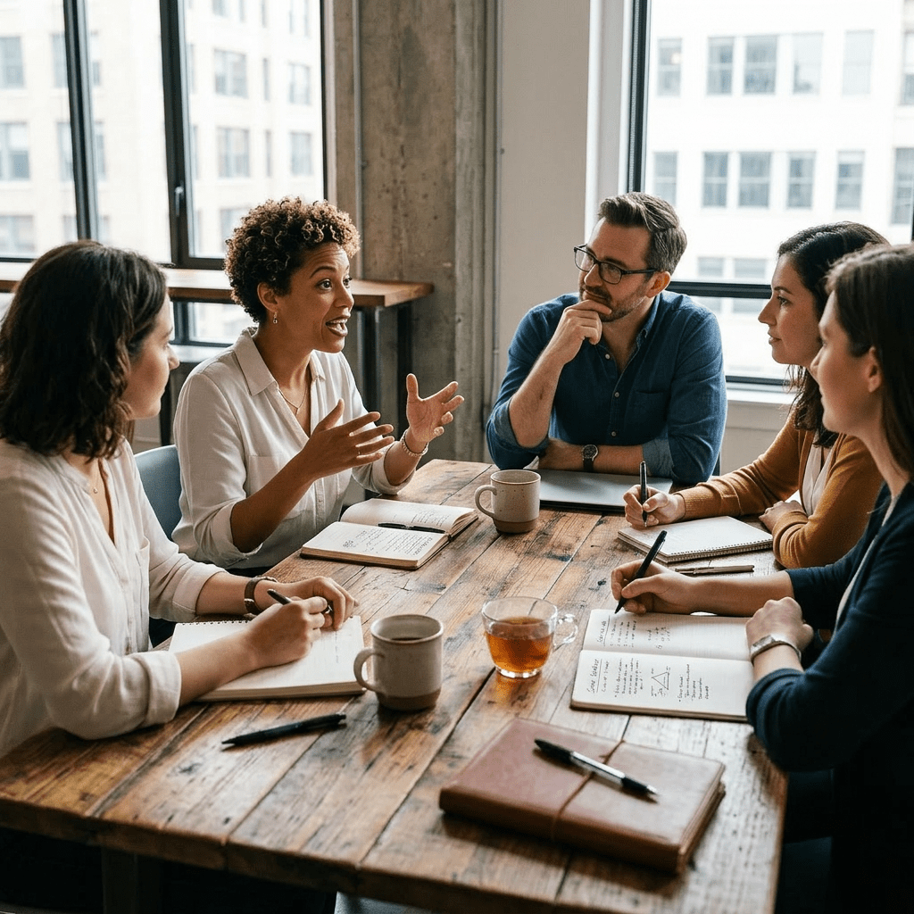 Five colleagues sitting around a wooden table in a meeting, actively discussing with notebooks and pens
